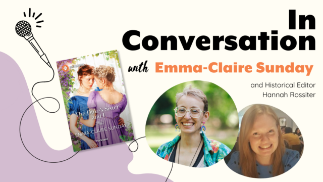 A purple and white graphic with an illustrated microphone on the left side with a book cover and author photo. It reads In Conversation with Emma-Claire Sunday and Historical Editor Hannah Rossiter in the top right corner.