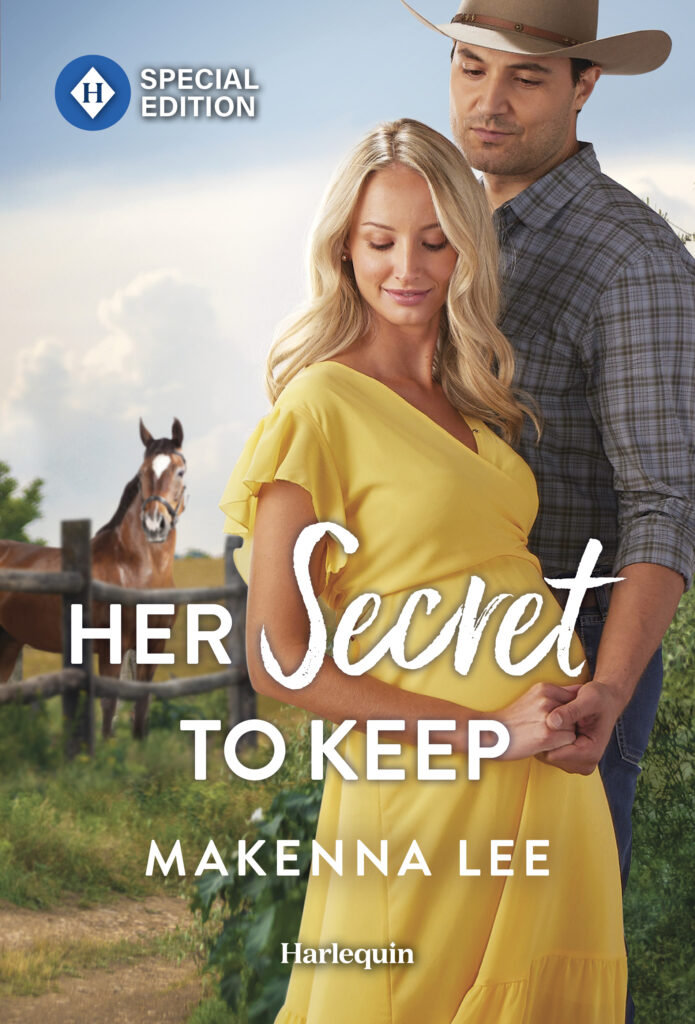 Cover for Her Secret to Keep by Makenna Lee. Man and pregnant woman holding hands in a western setting.
