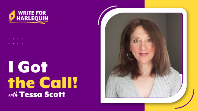 A purple and yellow image with an author photo on the right side. The left reads I Got the Call with Tessa Scott