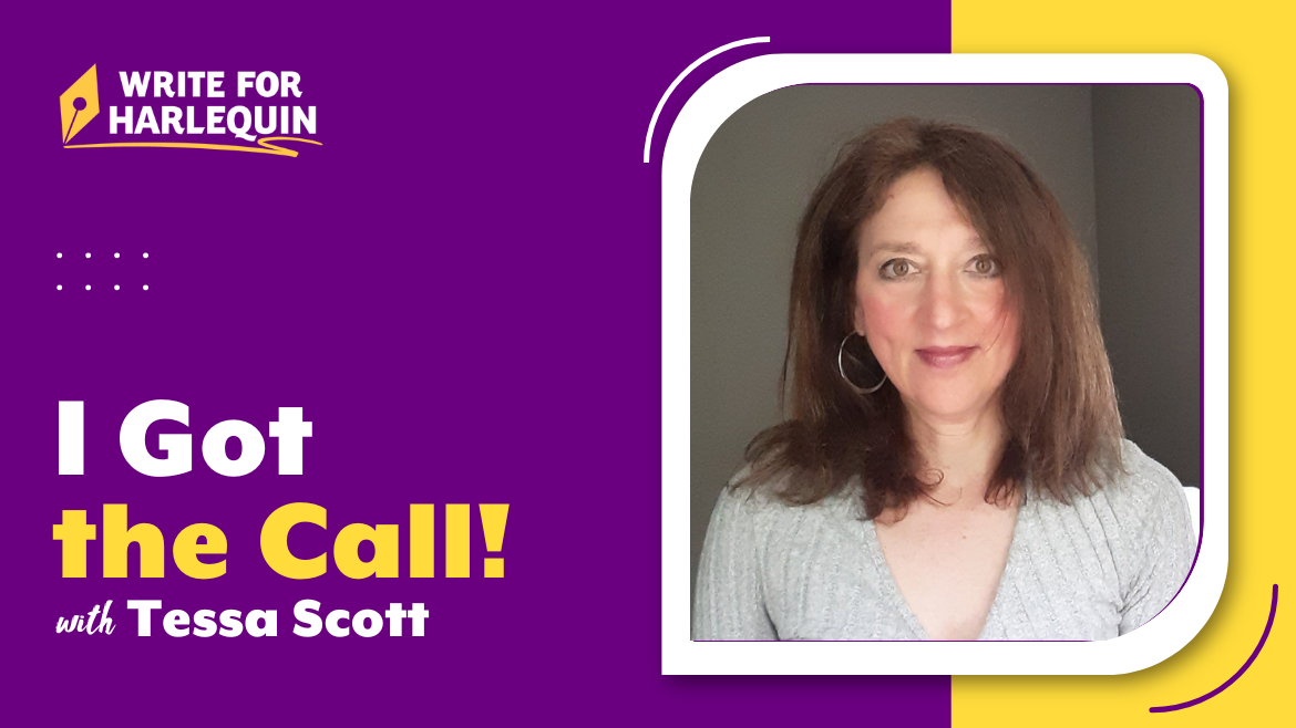 A purple and yellow image with an author photo on the right side. The left reads I Got the Call with Tessa Scott