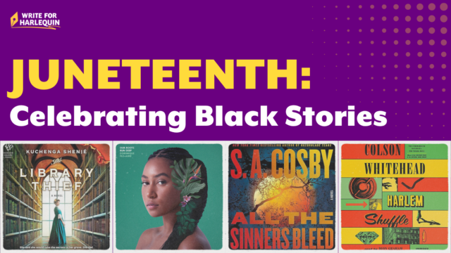 A purple blog cover which reads Juneteenth: Celebrating Black Stories on the top. The bottom of the image is a row of book cover images, including Colson Whitehead and S.A. Cosby