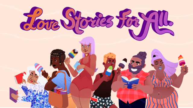 An illustrated blog cover with 7 illustrated people across the gender spectrum, all eating popsicles the colours of various pride flags. It reads Harlequin Love Stories for All across the top.