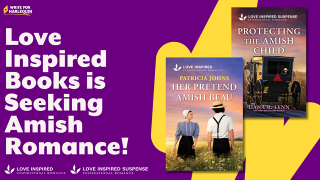 A dark purple graphic with a yellow squiggle on the right side, with two book covers overlaid. The left reads Love Inspired Books is Seeking Amish Romance
