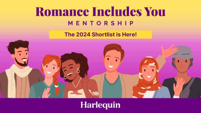 A yellow and pink illustrated graphic which features a group of diverse, cartoon people laughing. It reads Romance Includes You Mentorship: Accepting Submissions: The 2024 Shortlist is Here!