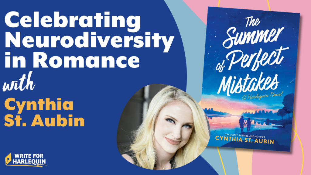 A pink and blue wavy graphic reads "Celebrating Neurodiversity in Romance with Cynthia St. Aubin" on the left side. On the right is a book cover and author photo.