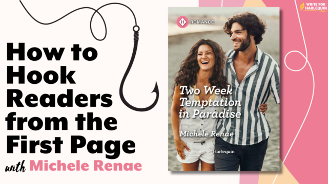 A pink and white blog cover reads on the left side 'How to Hook Readers from the First Page with Michele Renae'. A book cover sits on the right side of the image