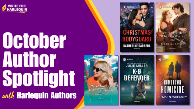 A purple and yellow graphic which reads October Spotlight with Harlequin Authors. 5 Book covers sit on the right side of the image