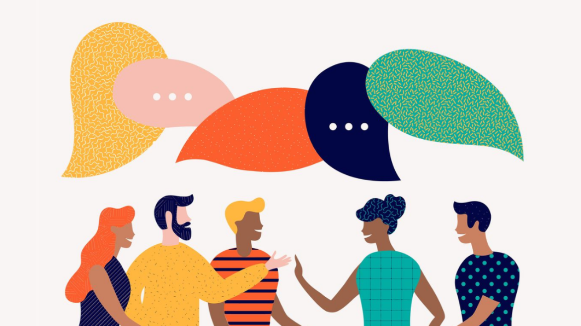 Illustration of five people having a conversation, with colorful speech bubbles above their heads.