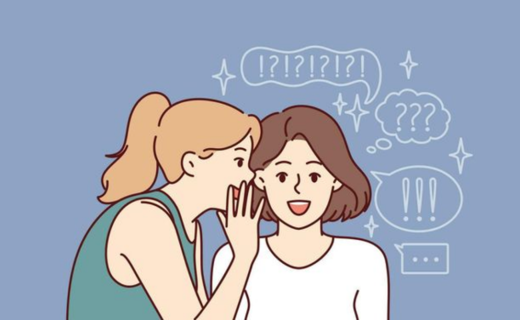 Illustration of a blonde woman whispering in the ear of a brunette woman.