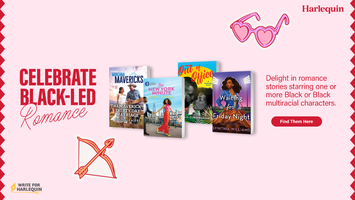 A pink and red graphic featuring an array of 4 book covers and reads Celebrate Black-Led Romance