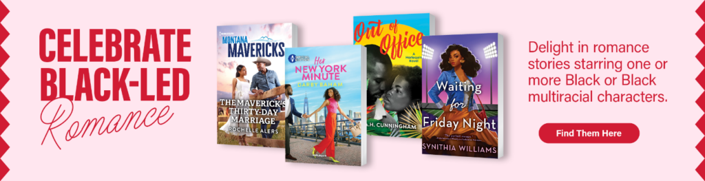 A pink graphic features 4 overlaid book covers and reads Celebrate Black-Led Romance