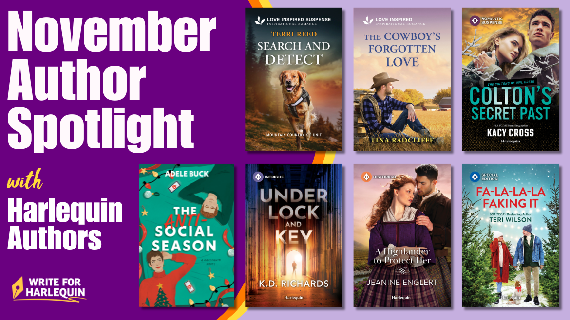 A purple graphic features 7 book covers along the right side. The left reads November Author Spotlight with Harlequin Authors