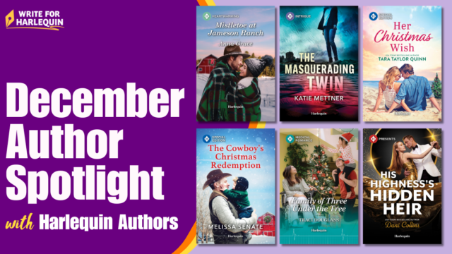 A purple graphic with 6 book covers on the right side, with December Author Spotlight with Harlequin Authors written on the left