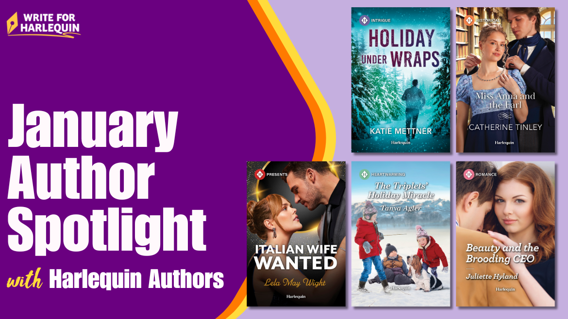 Purple graphic with 5 book covers along the right side. The left reads January Author Spotlight with Harlequin Authors