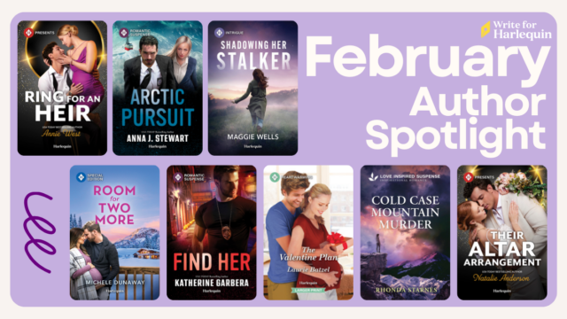 Purple graphic with bold white type reading February Author Spotlight. 8 book covers line the top and bottom of the graphic