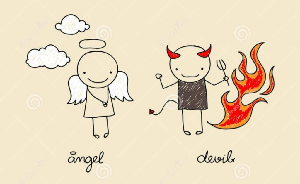 A cartoon image of an angel and a devil