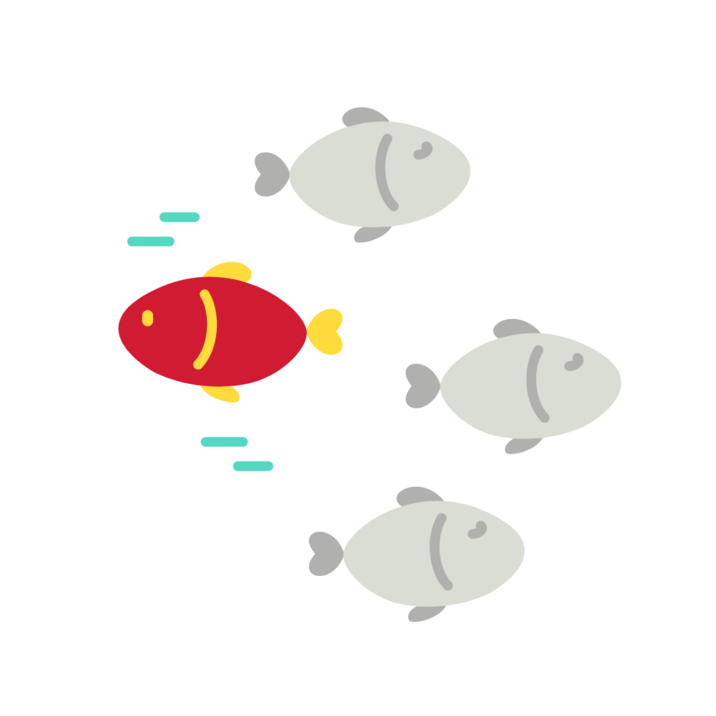 3 grey fish swim towards the right, while one red fish swims left