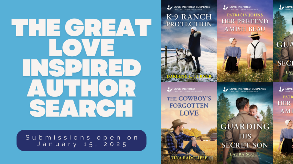 A light blue graphic with a bold white title on the left which reads "The Great Love Inspired Author Search". The right side is a collage of Love Inspired cover images