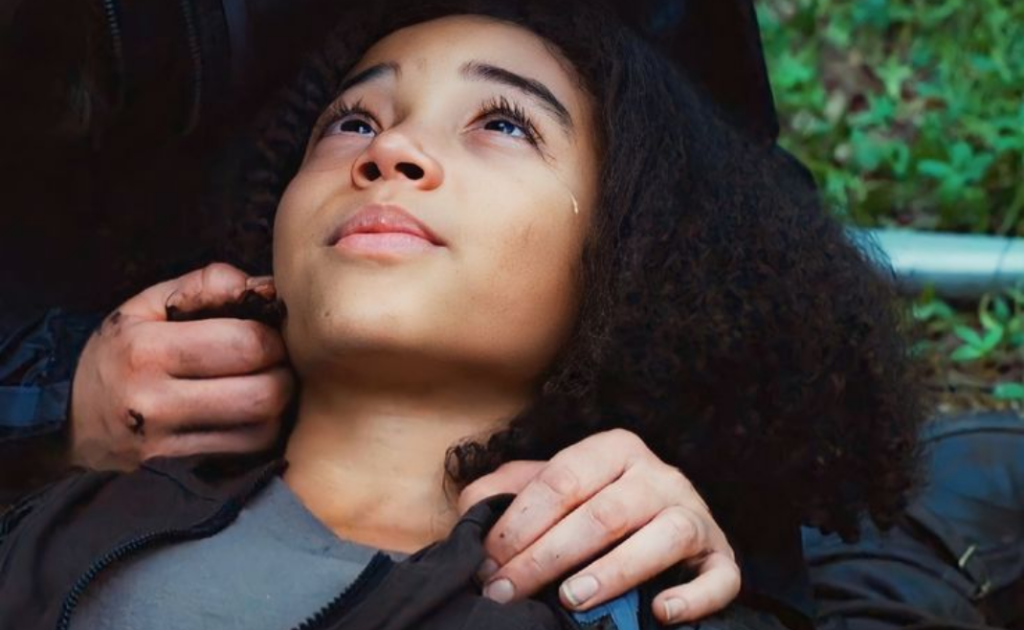 A scene from The Hunger Games movie, where Katniss cradles Rue as she dies