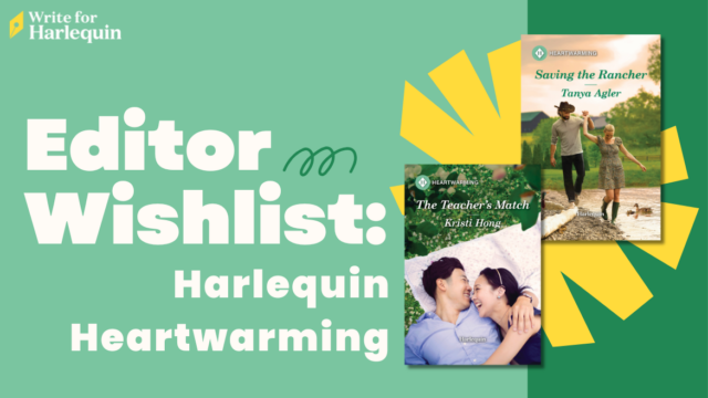 Green duotone graphic reads Editor Wishlist: Harlequin Heartwarming on the left and two book covers on the right