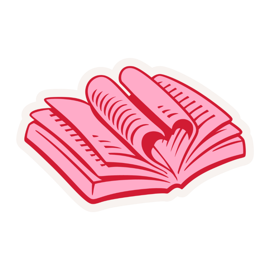 A red and pink sticker of an open book with the inner pages curling into a heart