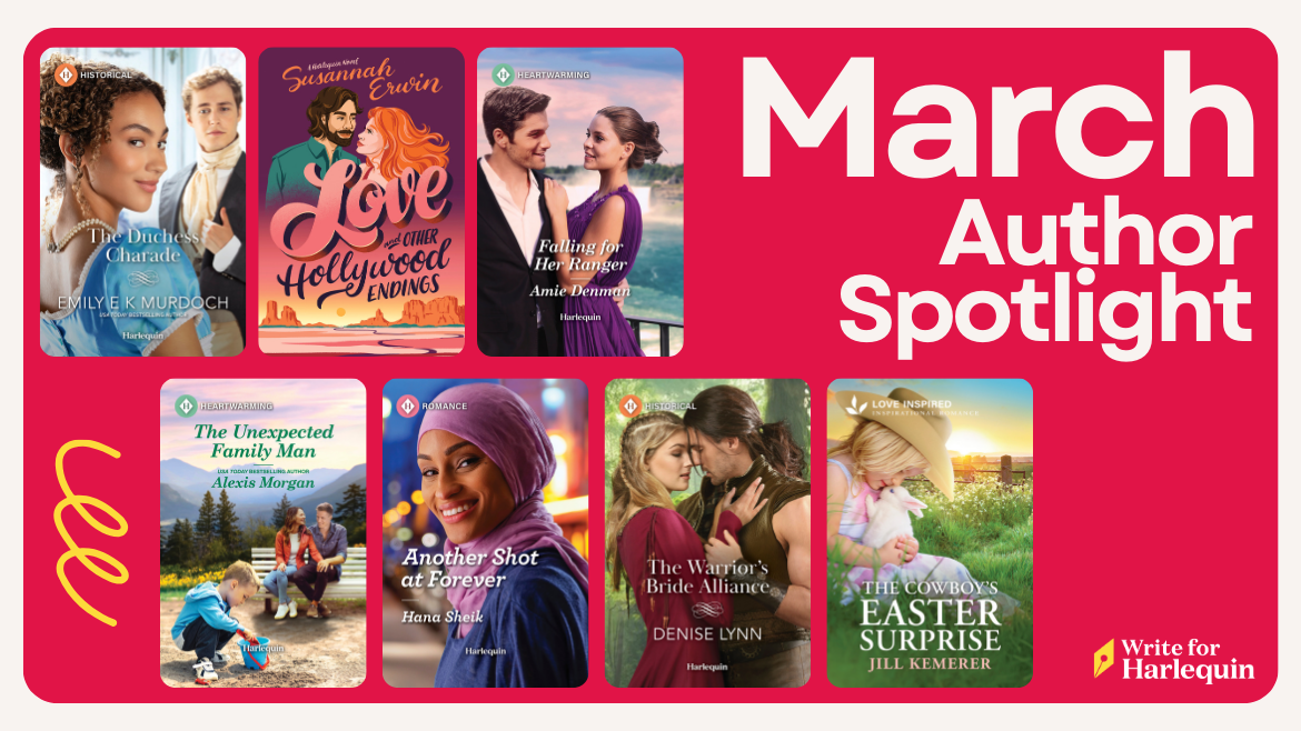 A pink and white graphic with 7 book covers. The right side reads March Author Spotlight