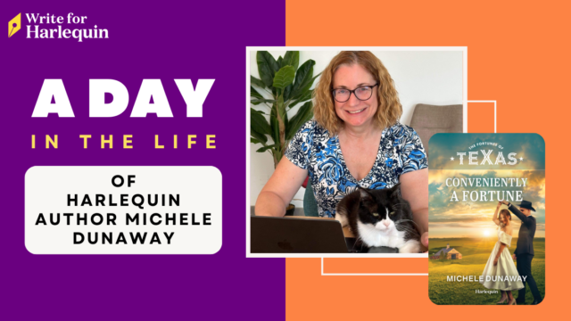A purple and orange graphic with an author photo and book cover on the right side. The right reads A Day in the Life of Harlequin Author Michele Dunaway