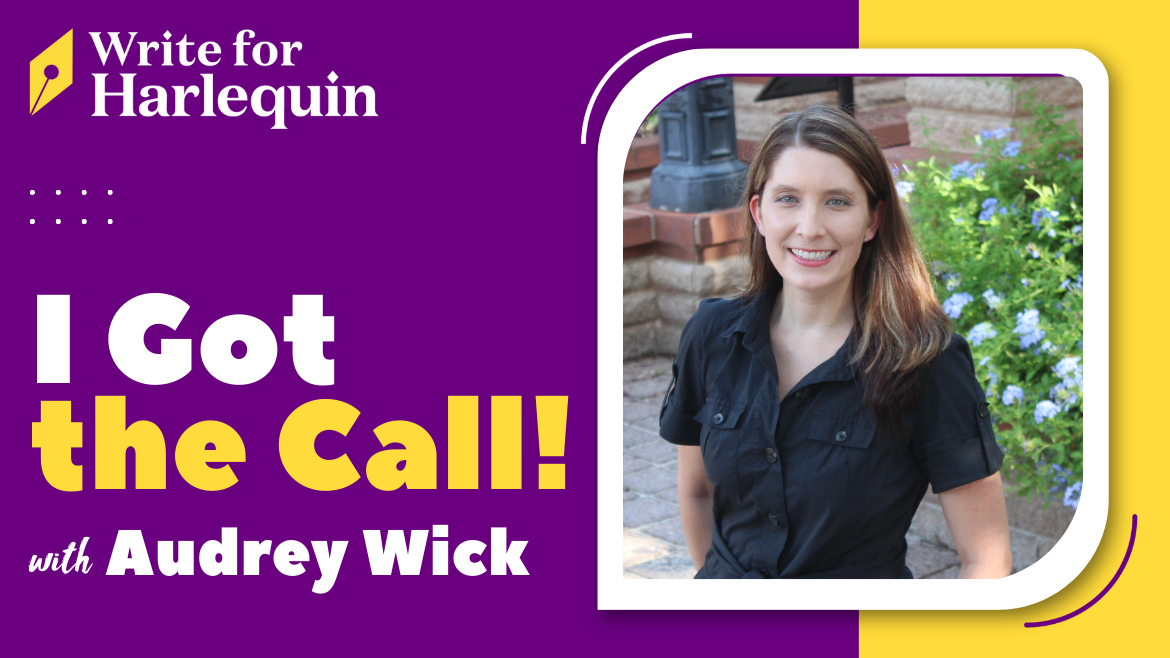 A purple and yellow graphic with an author photo on the right. Left reads I got the call with Audrey Wick