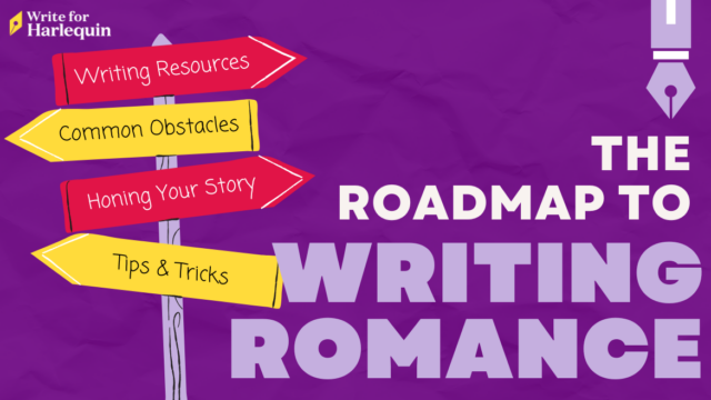 A dark purple graphic reads The Roadmap to Writing Romance with a pink and yellow illustrated sign post to the left.