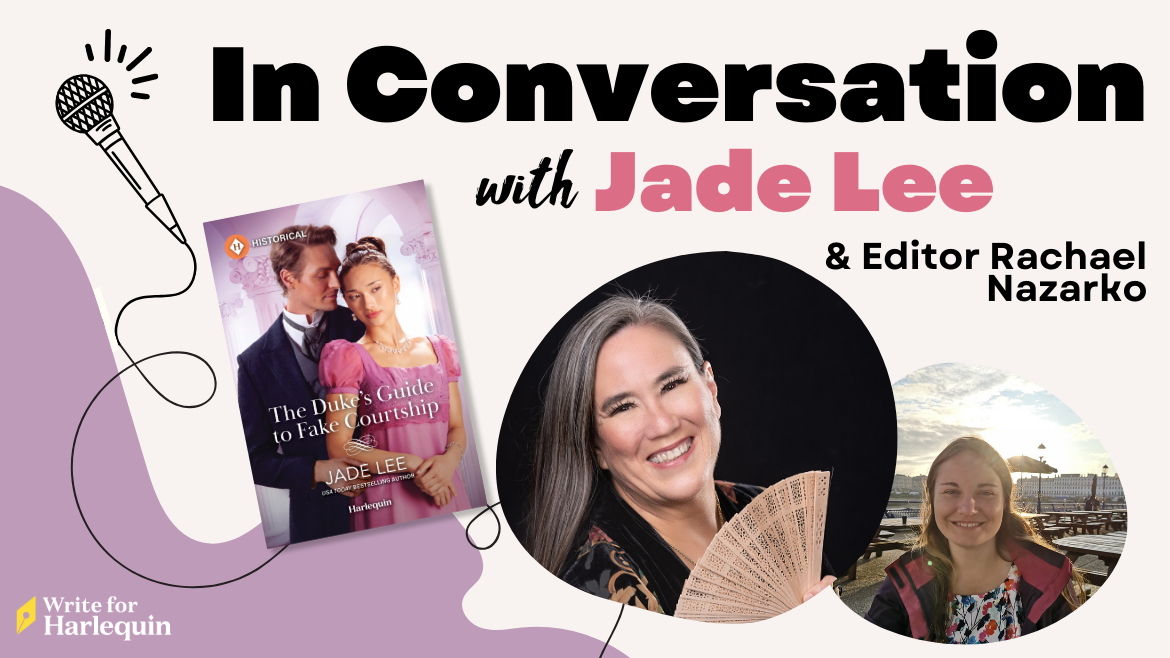 A purple and cream graphic with an illustrated microphone up the left side. The right reads In Conversation with Jade Lee