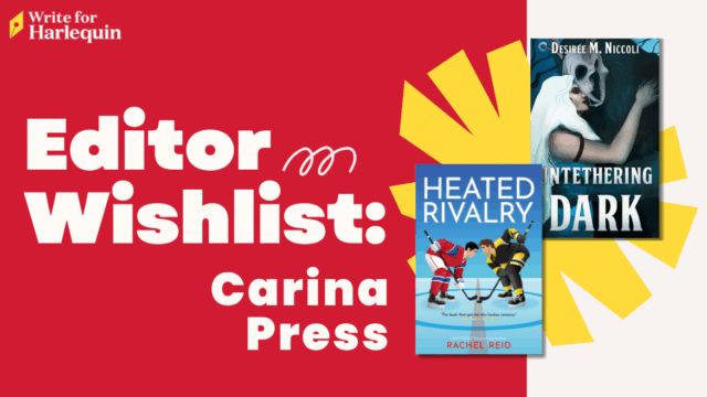 A red graphic with two book covers on the right side. The left reads Editor Wishlist: Carina Press