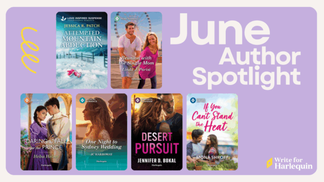 A purple graphic featuring 6 book covers and reads June Author Spotlight