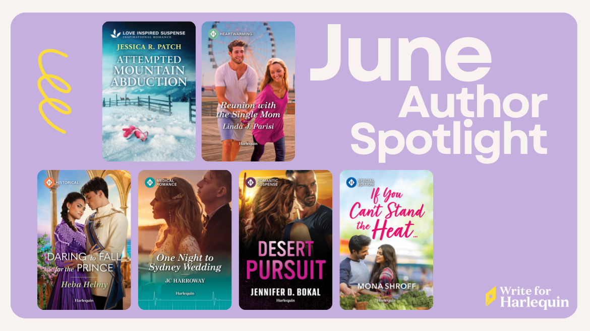 A purple graphic featuring 6 book covers and reads June Author Spotlight