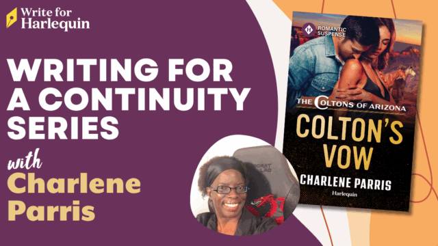 A purple blog cover which reads Writing for a Continuity Series with Charlene Parris