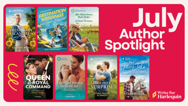 A pink graphic featuring 7 book covers and reads July Author Spotlight