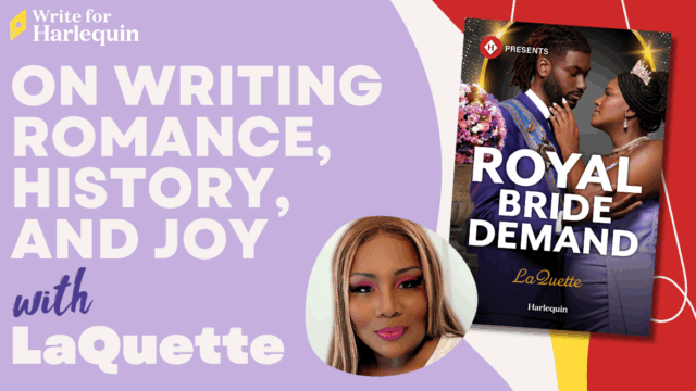 A purple graphic reads On Writing Romance, History, and Joy with LaQuette