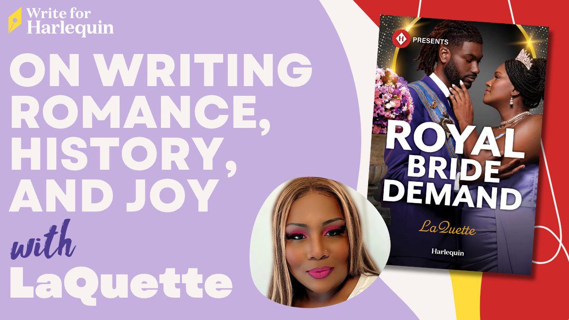 A purple graphic reads On Writing Romance, History, and Joy with LaQuette