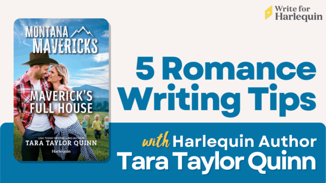 A blue graphic with a book cover on the left side. The right reads 5 Romance Writing Tips with Harlequin Author Tara Taylor Quinn