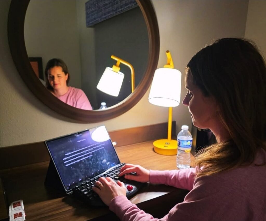 A woman sits at a desk typing on a laptop. Her reflection is visible via a mirror on the wall. 