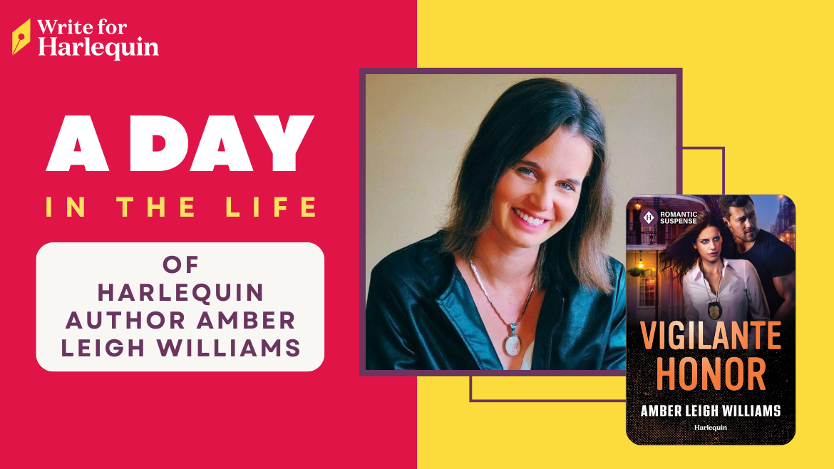 Pink and yellow graphic reads A Day in the Life of Harlequin author Amber Leigh Williams
