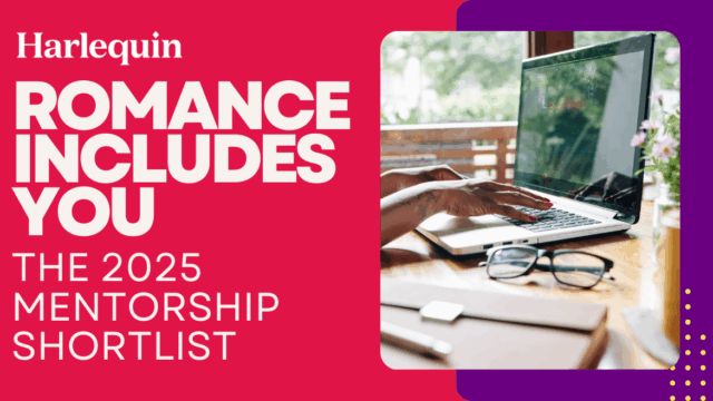 Red and purple graphic with image of hands typing on laptop reads Harlequin Romance Includes You - The 2025 Mentorship Shortlist