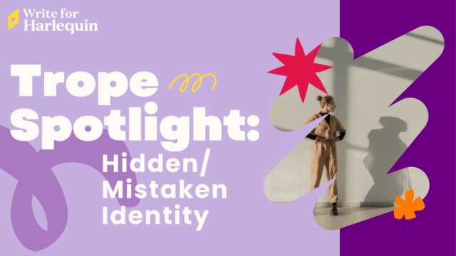 Feature image with the title: Trope Spotlight: Hidden or Mistaken Identity. A woman standing and her shadow is visible in the back wall.