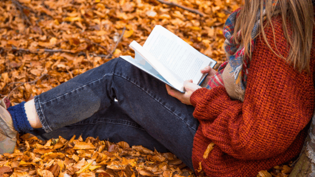 A woman in a red jumper sits at the base of a tree reading a book on a bed of red leaves