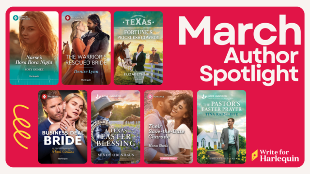 Pink blog cover featuring 7 book covers and reads March Author Spotlight