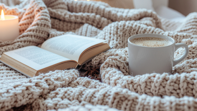 A steaming mug and a book sits on a white blanket