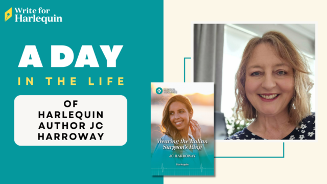 A teal graphic which reads A Day in the Life of Harlequin Author JC Harroway