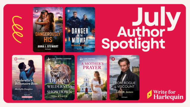 A pink graphic reads July Author Spotlight and features 6 book covers