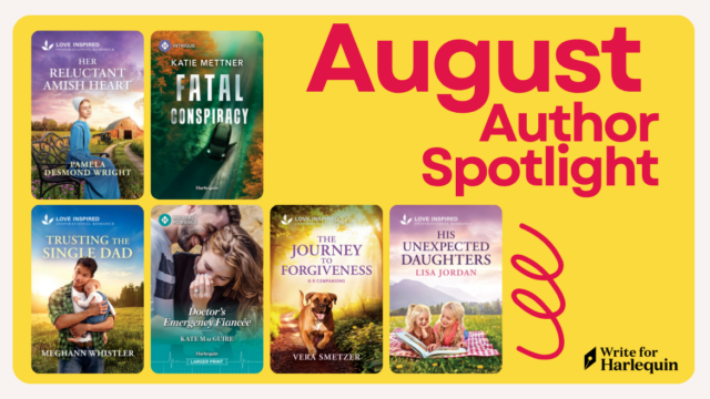 Yellow blog cover reads August Author Spotlight featuring six blog covers