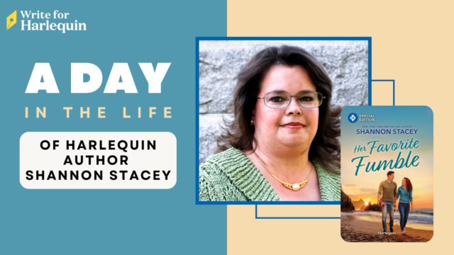 A blue and orange blog cover reads A Day in the Life of Harlequin Author Shannon Stacey
