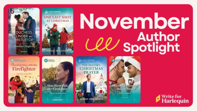 A pink graphic with six book cover images reads November Author Spotlight